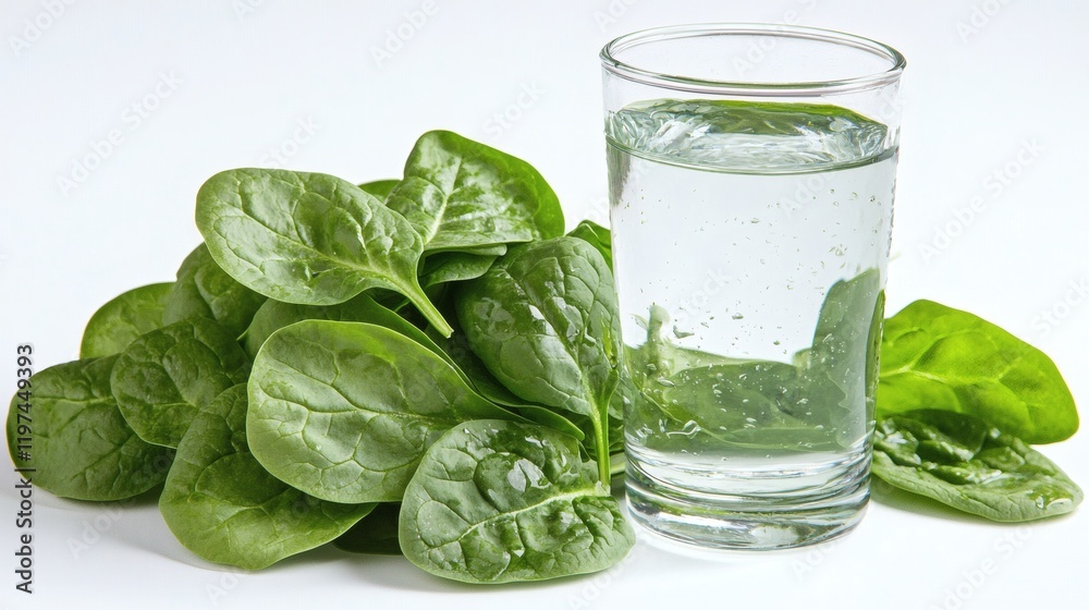 Isolated of a tightly bound bunch of spinach with visible stems and crisp edges Stock Photo with side copy space Isolated of a tightly bound bunch of spinach with visible stems and crisp edges Stock Photo with side copy space