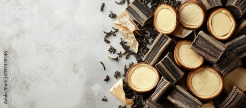 Arrangement of Black Licorice Root Slices with Teabags on Marble Surface, Featuring Empty White Copyspace for Text Addition