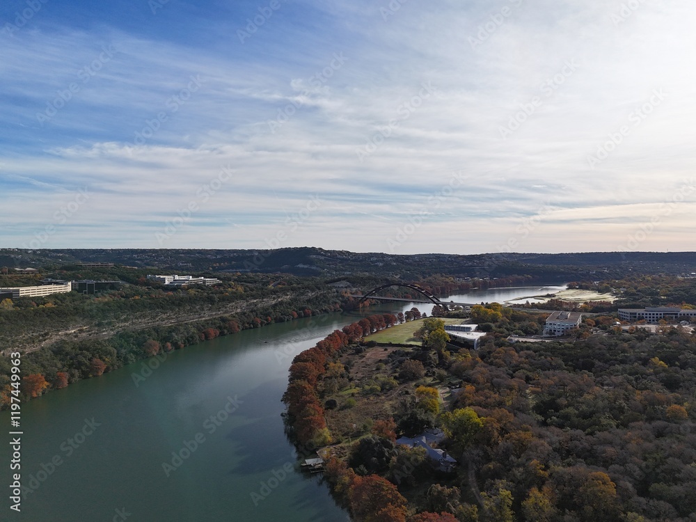 Obraz premium aerial view of lake austin and the pennybacker bridge, plus the west austin hills
