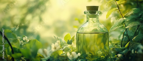 Concentrated mint extract bottle surrounded by natural greenery in soft light photo