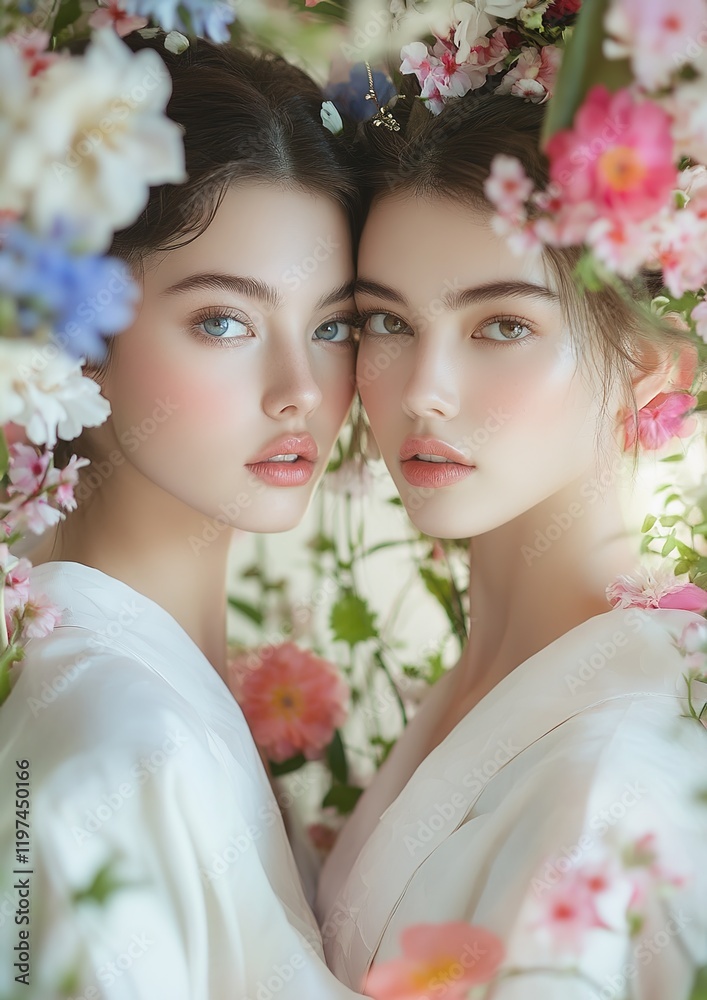 Naklejka premium Two stunning supermodels wearing traditional cheongsam dresses are posing as if in love among spring flowers.
