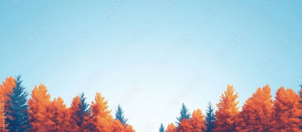 Vibrant Orange and Green Trees in Autumn Under Bright Blue Sky with Clear Space for Text at the Top Vibrant Orange and Green Trees in Autumn Under Bright Blue Sky with Clear Space for Text at the Top