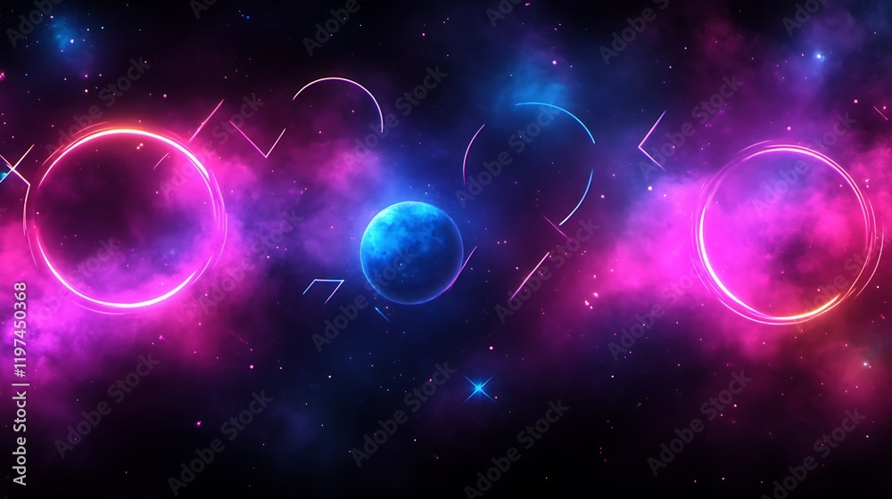 Neon Rings Encircle Cosmic Planet In Vivid Nebula