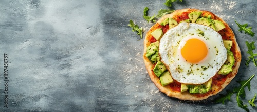 Breakfast Pizza topped with Avocado and Poached Egg on Gray Background with Empty Copy Space for Text in Natural Light photo