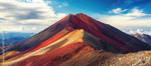 Vibrant red-hued mountain peak under blue sky with cloud formations and empty space for text integration photo