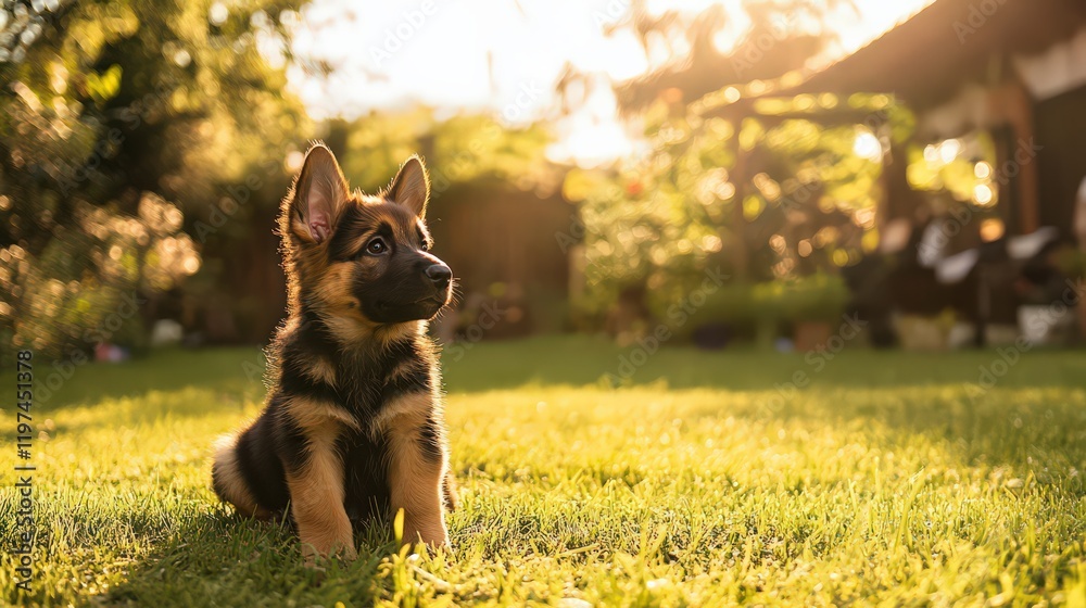 A pet trainer teaching a playful puppy essential skills using eco-friendly pet care products in a sunny backyard. A pet trainer teaching a playful puppy essential skills using eco-friendly pet care products in a sunny backyard.
