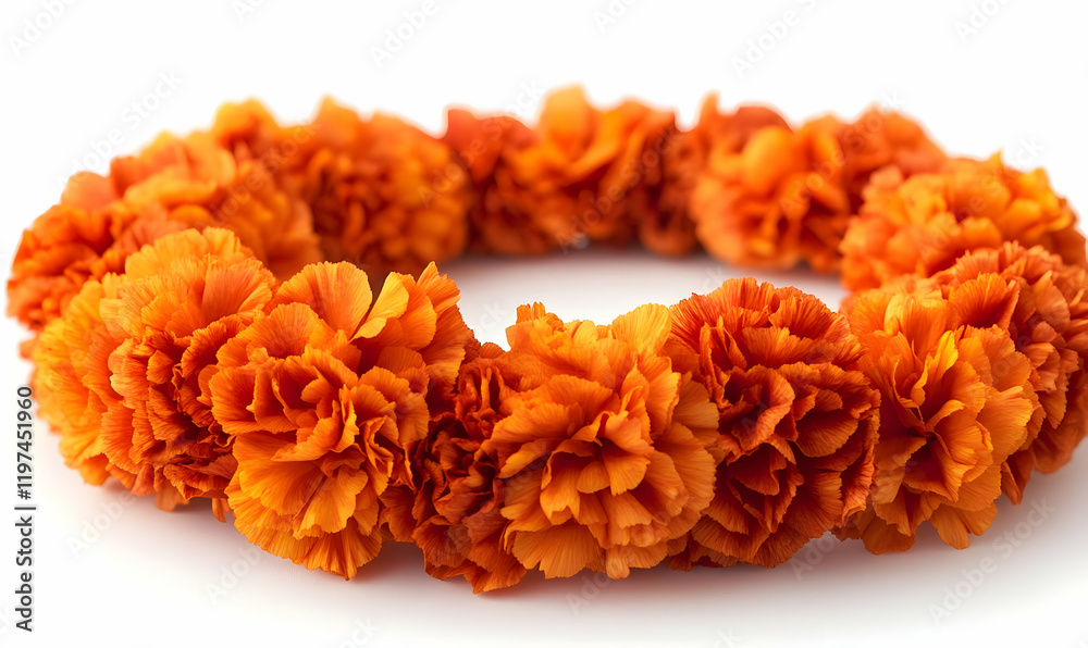 Orange marigold garland, white background, floral arrangement, ceremony