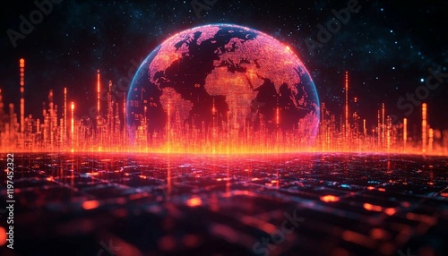 Fototapeta Naklejka Na Ścianę i Meble -  A spherical composition blending a world map with vibrant neon threads connecting major cities, overlaid with stock market symbols and currency icons, Global Nexus