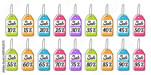 Colorful discount tags showcasing a range of sales from 10 percent to 90 percent