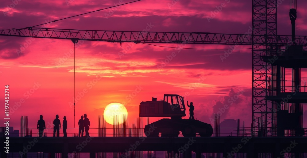 Obraz premium A sunset at a construction site with a city skyline behind