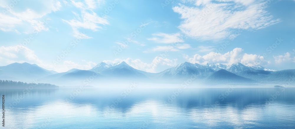 Fototapeta premium Majestic mountain range reflections on tranquil lake under bright blue sky with wispy clouds and ample negative space for text inclusion