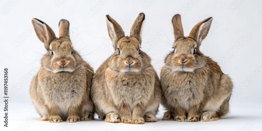 Fototapeta premium A group of angry rabbits sitting together with crossed arms and scowling on a white surface, animal expression, irritated animals, cartoon rabbits, bunny social group, group anger