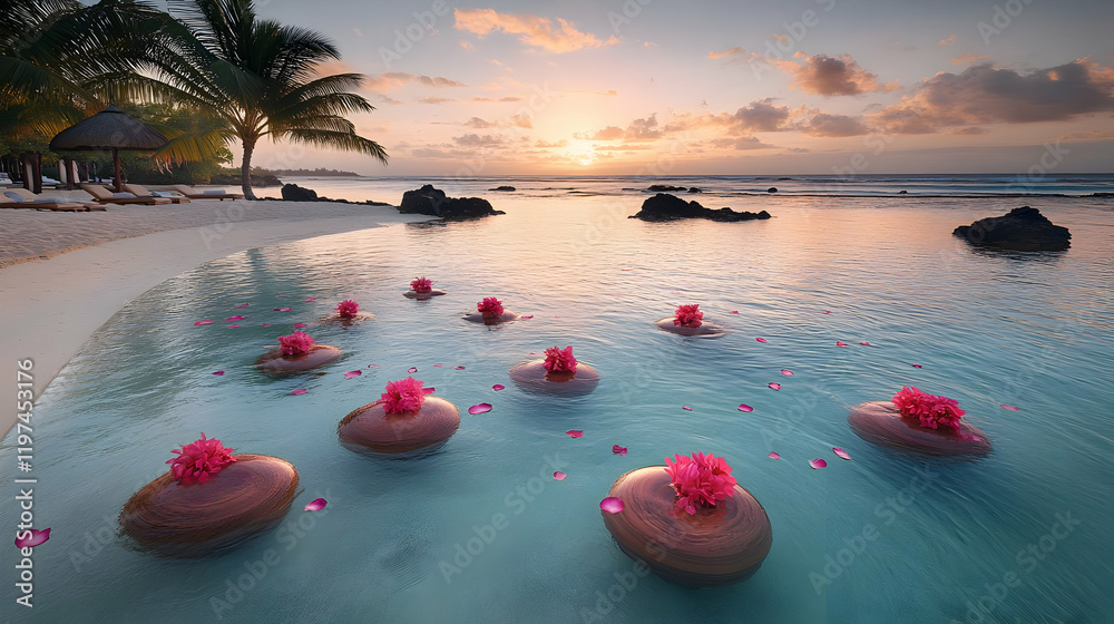 Serene Tropical Beach Sunset with Floating Flowers and Calm Ocean Waters Serene Tropical Beach Sunset with Floating Flowers and Calm Ocean Waters