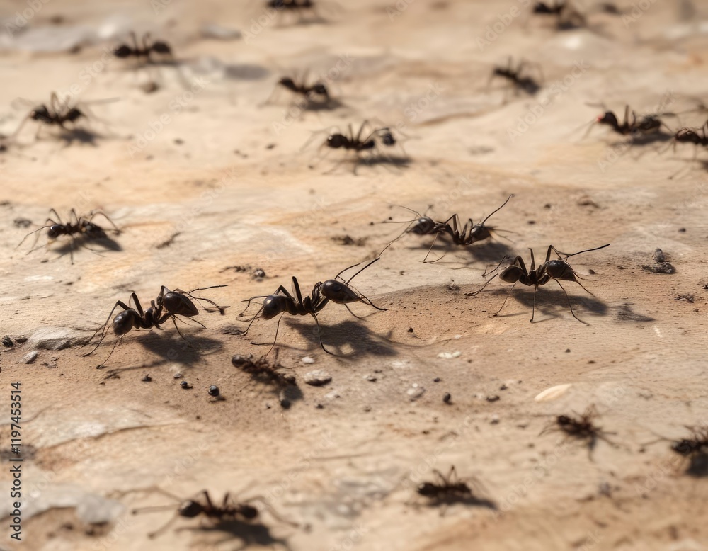 A group of black winged ants flying over a dry, cracked earth surface, with some ants crawling along the ground below, cracked ground, insects A group of black winged ants flying over a dry, cracked earth surface, with some ants crawling along the ground below, cracked ground, insects