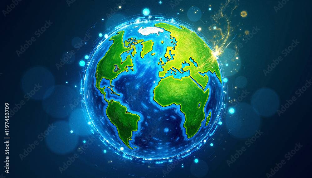 Fototapeta premium Illustration of Earth with glowing elements and blue background