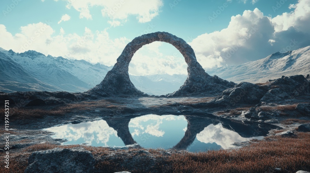 Fototapeta premium Majestic stone arch reflects in calm water under a bright sky in a serene mountainous landscape. Generative AI