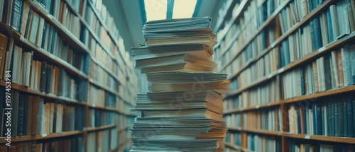 A towering stack of documents stands between shelves filled with books in a tranquil library setting, illuminated by natural light.