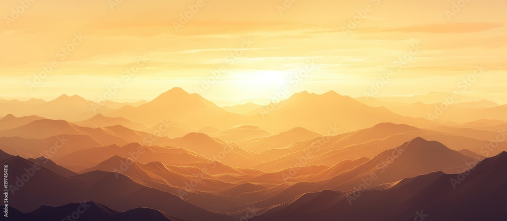 Fototapeta premium Mountainous landscape at sunset with golden light illuminating valleys and peaks, featuring empty copy space for text.