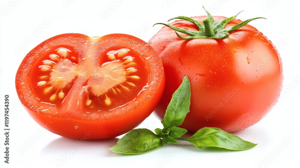 Isolated on white background a halved tomato with visible seeds and a glistening surface Stock Photo with side copy space Isolated on white background a halved tomato with visible seeds and a glistening surface Stock Photo with side copy space