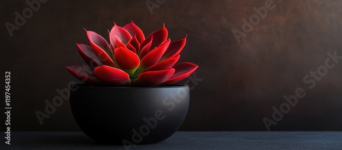 Vibrant Red Succulent Displayed in Modern Black Pot on Dark Background with Ample Copyspace for Promotional Text and Black Friday Sale Themes photo