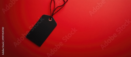 Bold Black Sale Tag Hanging Against Vibrant Red Background with Ample Copyspace for Promotional Text during Black Friday Shopping Season photo