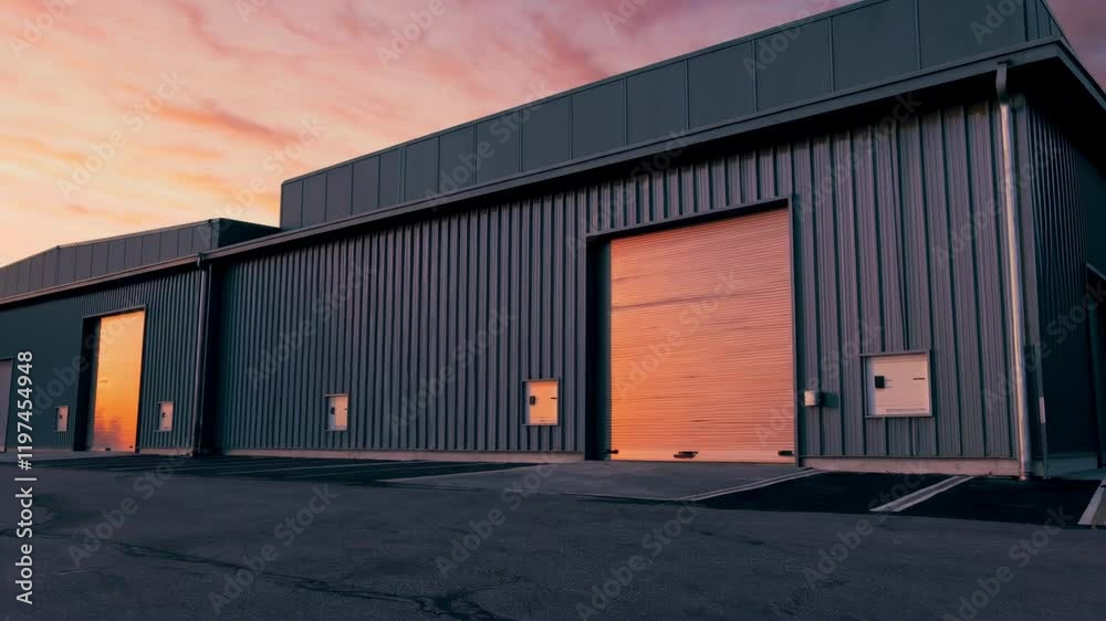 warehouse exterior with sleek gray metal cladding and large garage doors at sunset warehouse exterior with sleek gray metal cladding and large garage doors at sunset
