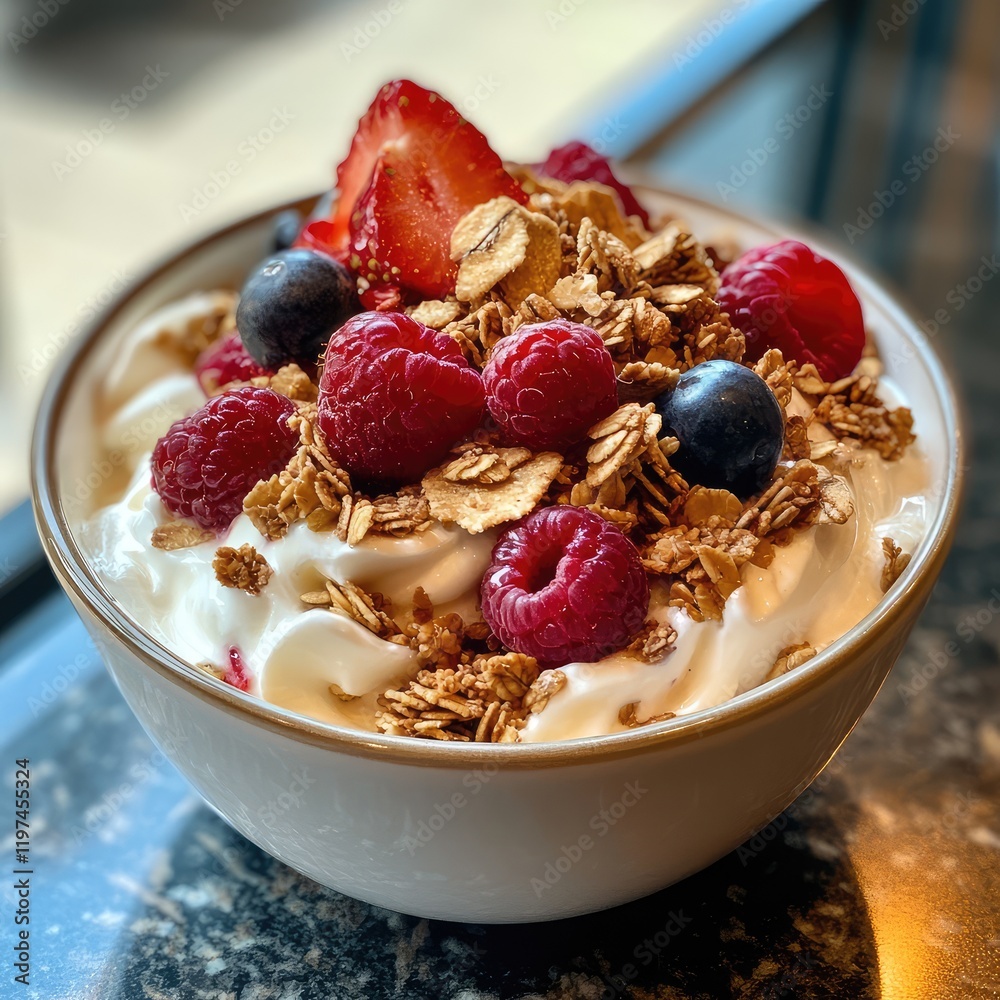 Breakfast Bowl with Yogurt Granola, Fresh Berries, Strawberries, Blueberries, Raspberries, Empty Text Space, Soft Lighting, Close-up View.