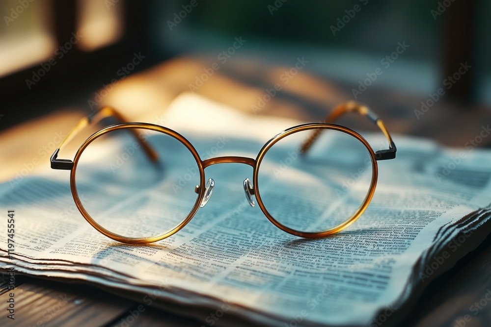 Gold-rimmed glasses resting on a folded newspaper during the soft morning light in a cozy indoor setting Gold-rimmed glasses resting on a folded newspaper during the soft morning light in a cozy indoor setting