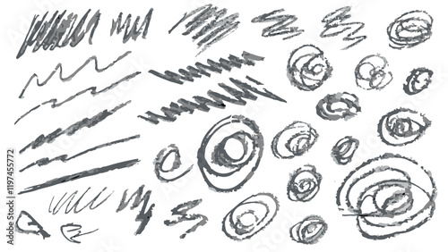 Chalk doodles, charcoal strokes, abstract stripes and waves in grunge style, spiral and swirl motion brush drawn elements, hypnotic spirals, swirls and circular shapes, imitation of children's doodles