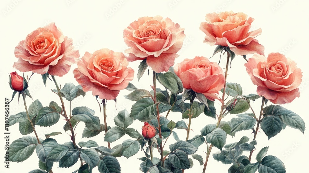A cluster of six delicate peach-colored roses with green leaves and stems on a white background.