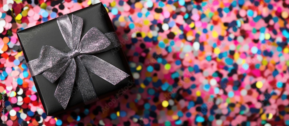 Elegant black gift box adorned with a shimmering silver ribbon bow placed atop a colorful confetti background featuring pink, blue, and yellow hues, designed for festive occasions with ample copyspace Elegant black gift box adorned with a shimmering silver ribbon bow placed atop a colorful confetti background featuring pink, blue, and yellow hues, designed for festive occasions with ample copyspace