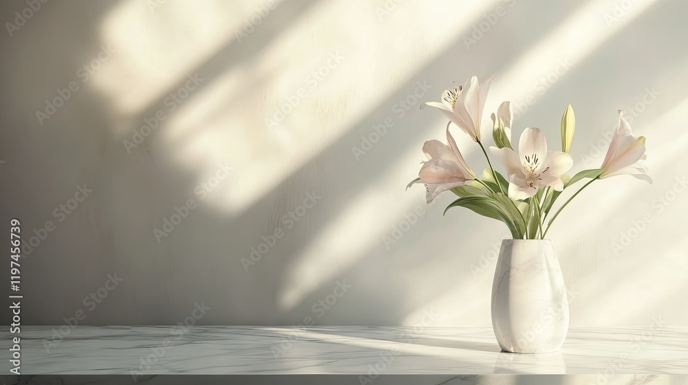 A sleek marble table with a minimalist vase and fresh flowers, illuminated by natural light