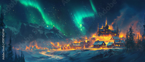 Northern lights illuminate a small town under a vibrant sky filled with color