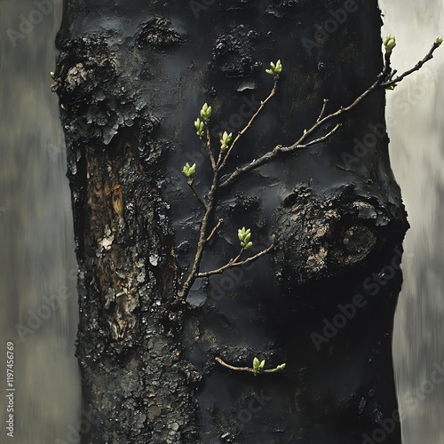 New leaves sprouting from a charred tree trunk, showcasing resilience and nature's recovery. photo