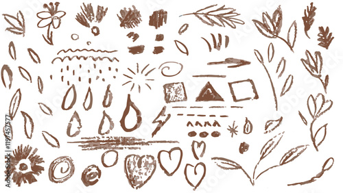 Set of arrow abstract brush line stroke, imitation of children's doodles, grunge abstract chalk, crayon pencil style, flowers, stripes, lines, hearts, arrow, geometric shapes hand drawn with chalk