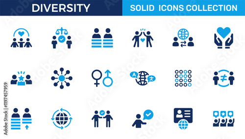 Diversity icon set. Containing equality, culture, languages, tolerance, difference, belonging, human rights and ethnicity icons. Solid icon collection. Vector illustration.