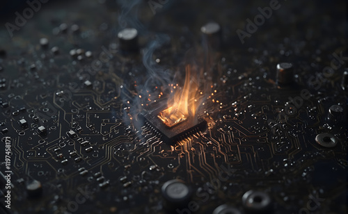 A Burst of Electrical Energy,Flaming Central Processing Unit chip on a Circuit Board