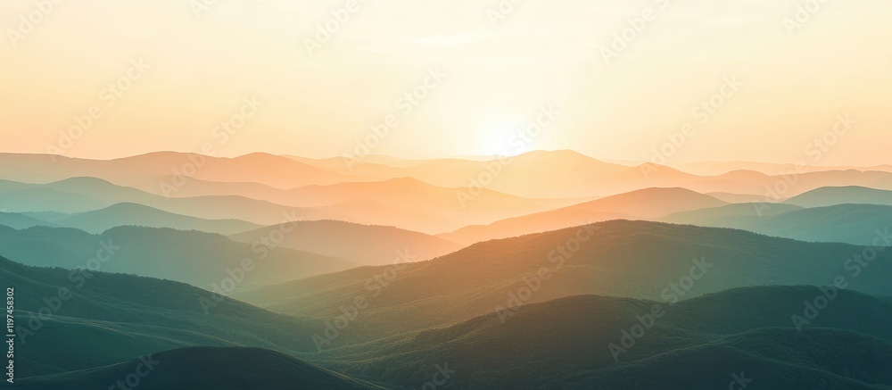 Fototapeta premium Golden sunset over rolling green hills and valleys with soft blue hues, expansive landscape ideal for text placement and visual depth.