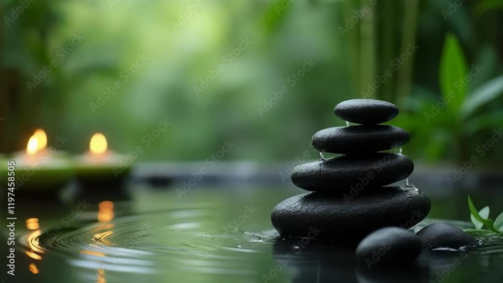 Soft water flows over smooth stones, surrounded by flickering candles Soft water flows over smooth stones, surrounded by flickering candles