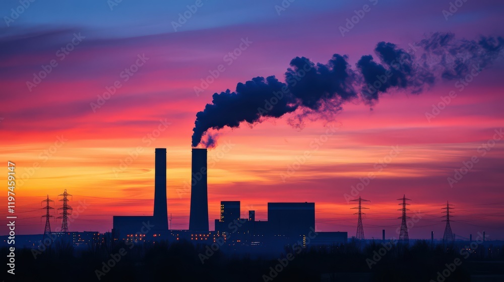 A silhouette of a power plant against a vibrant dawn sky, with steam rising from chimneys. A silhouette of a power plant against a vibrant dawn sky, with steam rising from chimneys.