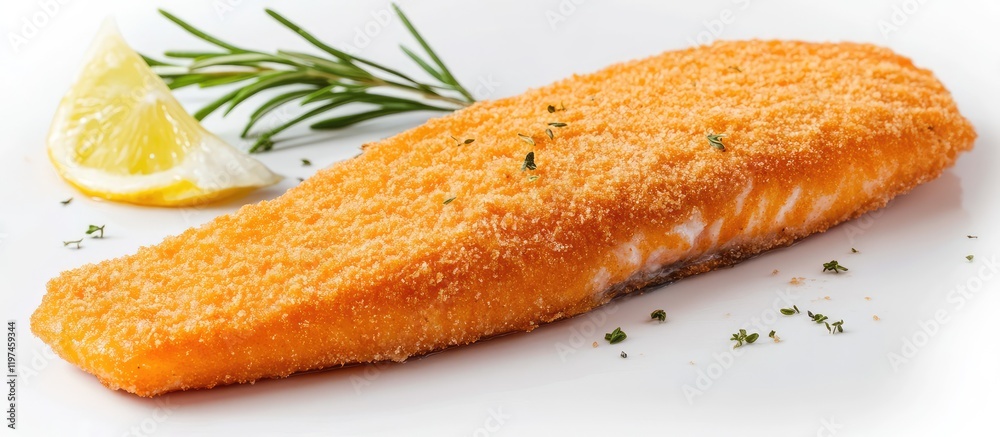 Breaded trout fillet on white plate with lemon wedge and herbs, space for text Breaded trout fillet on white plate with lemon wedge and herbs, space for text