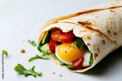 A delicious wrap filled with fresh vegetables, a sunny-side-up egg, and herbs, all encased in a soft tortilla. photo