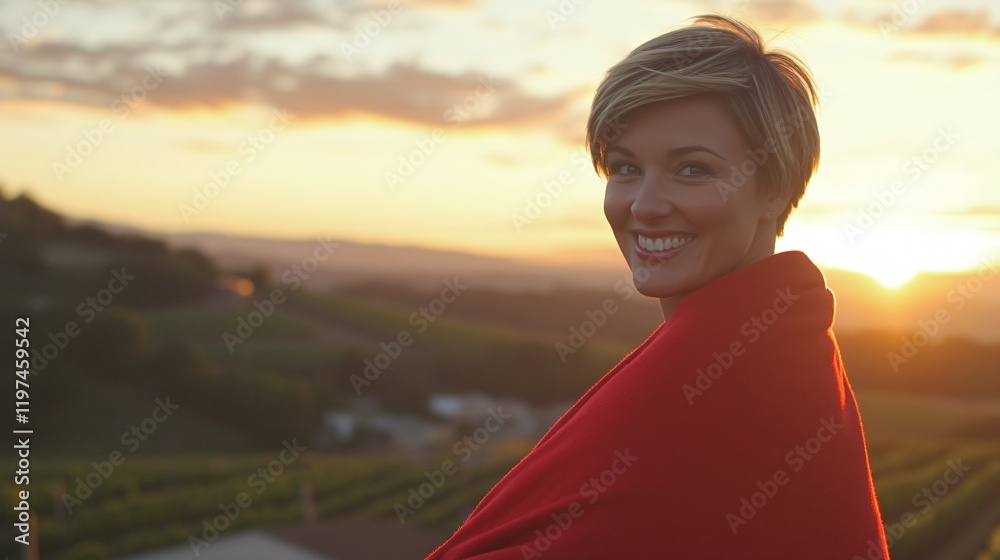 Smiling Woman in Red Wrap at Sunset Over Vineyard Smiling Woman in Red Wrap at Sunset Over Vineyard