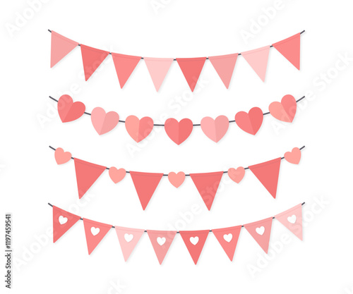Set of red and pink triangle flags and hearts garland vector, isolated party decorative elements