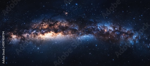 Vast deep space panorama featuring a vibrant galaxy with a prominent planet and numerous stars  dark blue and black tones with ample copy space.
