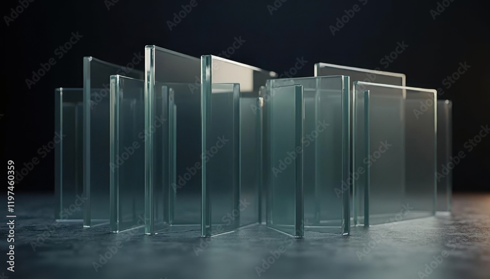 Obraz premium Abstract arrangement of transparent glass panels with soft lighting and reflections in the style of 3D glassmorphism