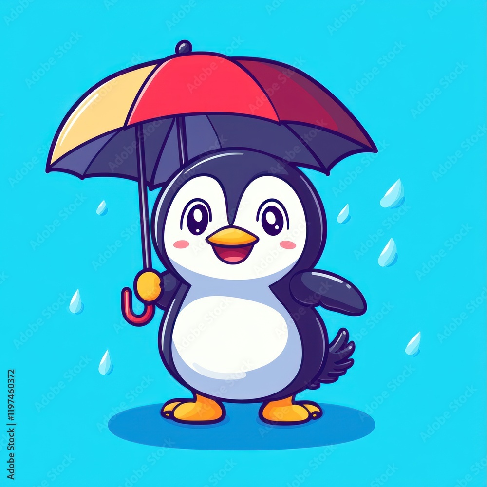 Happy penguin under umbrella in rain. Children's book illustration Happy penguin under umbrella in rain. Children's book illustration