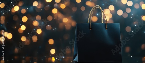 Elegant Black Shopping Bag with Warm Golden Bokeh Background Offering Copy Space for Text Ideal for Black Friday Promotions and Sales photo