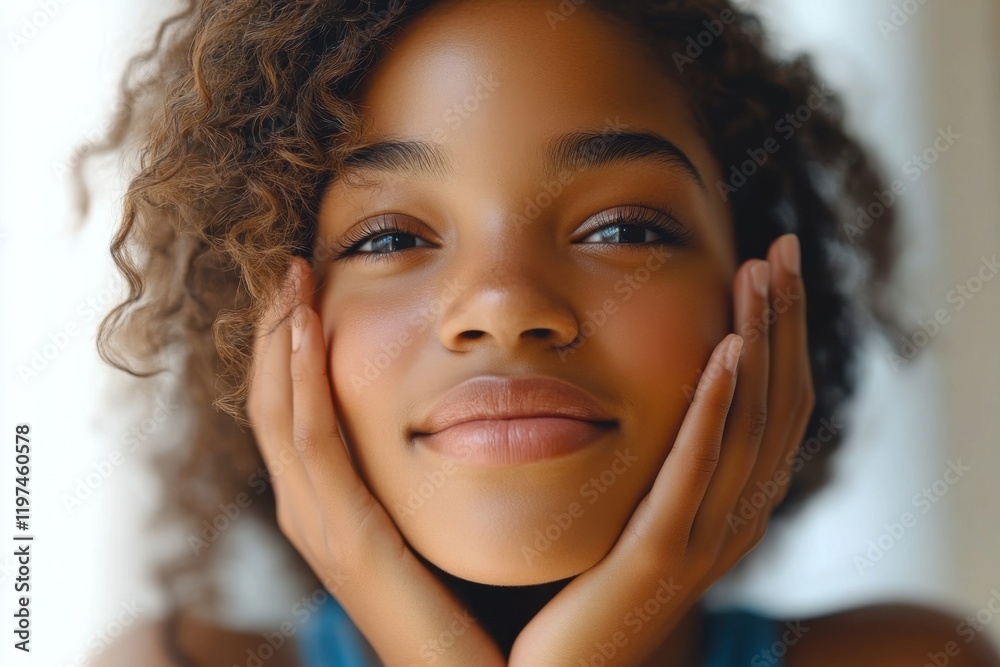 Young girl with curly hair smiles while resting her face on her hands in a bright, natural setting during the day Young girl with curly hair smiles while resting her face on her hands in a bright, natural setting during the day
