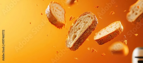 Flying bread slices suspended above a toaster against a vibrant orange background with empty space for text and modern kitchen elements